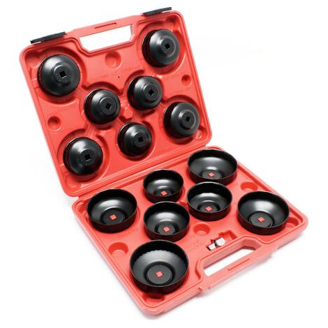 14-teiliges Ölfilter-Kappenschlüssel-Set – 65–100 mm – mit 10-mm-Aufnahme und 12,7-mm-Adapter – Im Aufbewahrungskoffer – Breite Kompatibilität