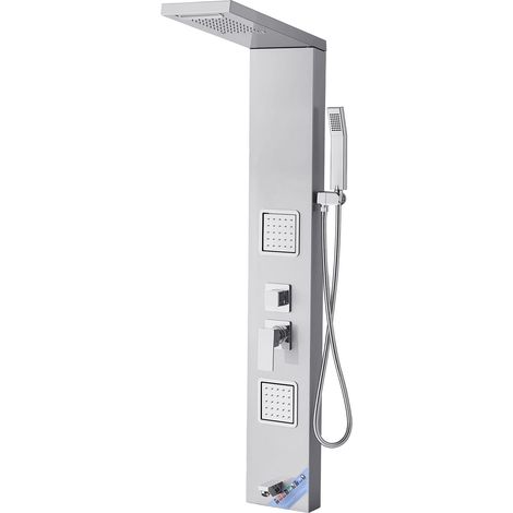 Colonne de douche avec pommeau de douche effet pluie, système de panneau de douchette mural en acier inox brossé, robinet 5 fonctions, avec 2 jets de corps, douchette à main et bec de baignoire (1/5)