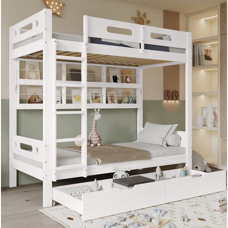 Lit superposé enfant 90x200 cm avec échelle 5 marches, tiroirs, étagères, pin et MDF, blanc (1/5)