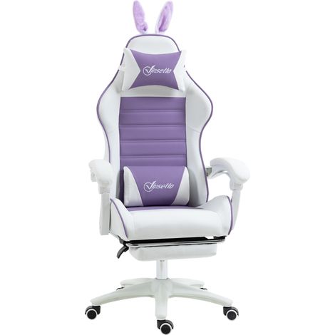 Vinsetto silla gaming ergonómica reclinable 135°, de cuero PU con soporte lumbar, altura ajustable, reposacabezas y reposapiés retráctil, púrpura