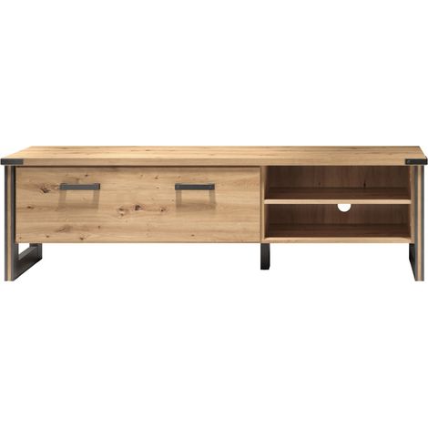 Meuble TV 1 porte mélaminé chêne clair et gris Mio (1/5)