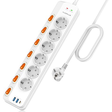 Multiprise Parafoudre 6 Prises PD 20W Type-C 2 USB-A 3680W/16A 7 Interrupteurs Individuels, 1050 J, Cordon 3M, Pour Maison Bureau (1/5)