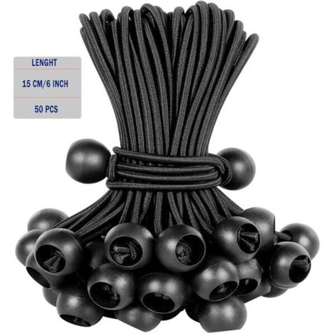 Lot de 50 boules élastiques, cordon noir résistant aux UV, pour sangles, tentes, poteaux et câbles NOIR (15 CM 6 POUCES) NOIR (15 CM 6 POUCES) (1/5)