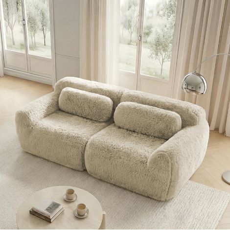 Sofá recto de 2 plazas 204x104x73 cm en tela teddy beige claro modular FloraGrace (1/5)
