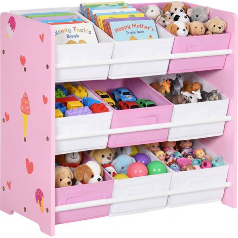 Mobiletto Portagiochi con 9 Cestini Rimovibili e Tessuto, 63x30x60 cm, Rosa e Bianco (1/5)