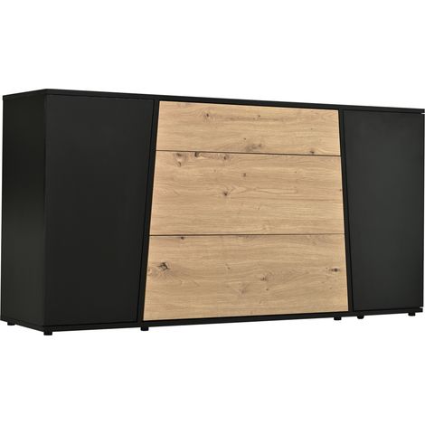 Buffet noir et bois 140 cm, meuble de rangement avec 3 tiroirs, 2 portes, étagères réglables et fermeture douce (1/5)