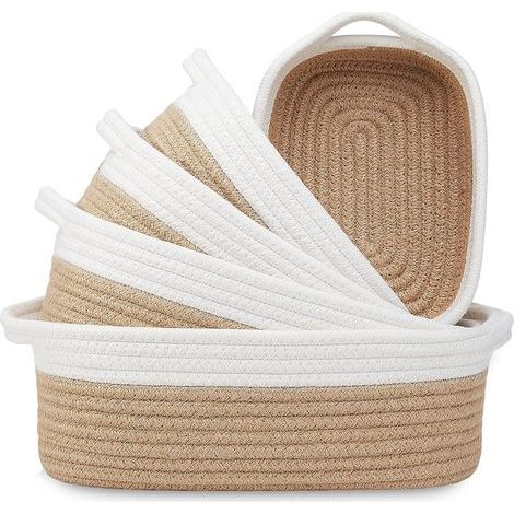 Gewebte Aufbewahrungskörbe, Badezimmer-Aufbewahrungskörbe, Baumwollseilkörbe, kleine Körbe, geeignet für Regale, Schränke, Kleidung, Spielzeug, Baby-Aufbewahrungsboxen (weiß mit gelbem Stroh).