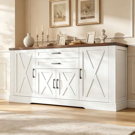 Buffet de salon avec 4 portes et 2 tiroirs, rangement réglable, 160x39x81,5 cm, MDF et panneau de particules blanc (1/5)