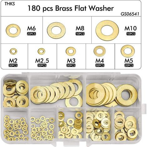 Lot de 180 rondelles plates en laiton M2 M2.5 M3 M4 M5 M6 M8 M10 – Résistance à la corrosion – Boîte de rangement incluse - 180pcs (1/5)