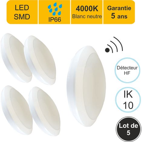 Lot de 5 appliques d'extérieur Hublot LED à détecteur HF (mouvements et crépusculaire) 16W 1500 LM 4000K IP66 IK10 + mode veille - garantie 5 ans