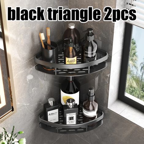 (Noir - Lot de 2) Étagère murale rectangulaire pour salle de bain, porte-serviettes, porte-shampoing mural, support trépied sans perçage. (1/5)