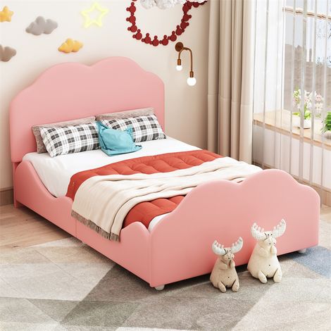Lit simple 90x200cm, lit enfant avec sommier à lattes et tête et pied de lit en forme de nuage, lit en velours rose (1/5)