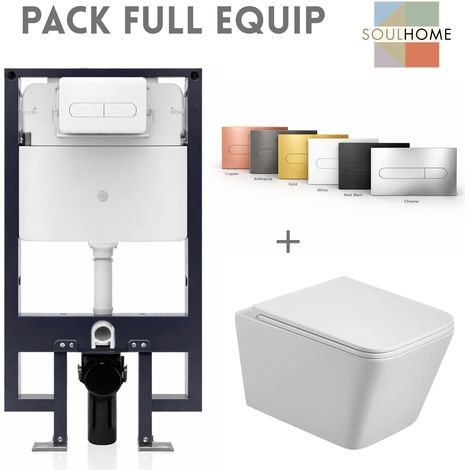 SOULHOME - Pack WC Inodoro Suspendido Rectangular Blanco Brillo Cisterna Empotrada y Pulsador Blanco  Tapa Slim Amortiguada -Fijacion Oculta (1/5)