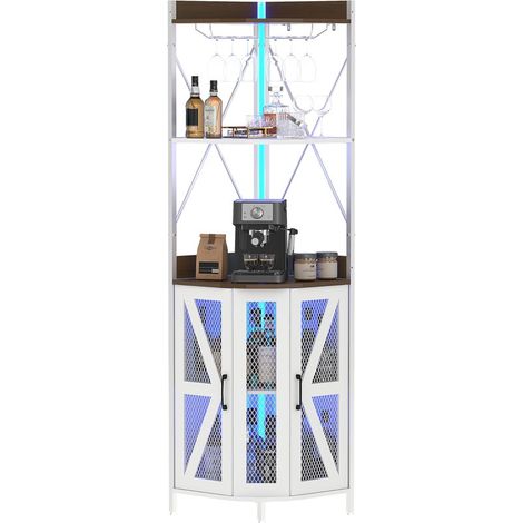 Buffet Bar à Vin d'Angle Industriel 5 Niveaux avec Portes en Verre et Éclairage LED,blanc (1/5)