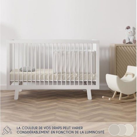 Drap Housse Bebe - Coton Jersey 145 Gsm - 60x120 Cm - Blanc Et Beige - Lot De 2 (1/5)
