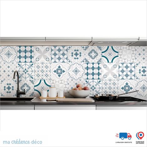 Crédence : Carreaux ciment colorés - Couleur Bleu nacré - Alu composite - 120 - 60 (1/3)