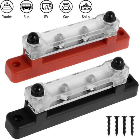 4-way 36V 150A busbar for motorhomes, yachts and marine applications, with copper bolts, red/black M6 bolts and a single black bolt.