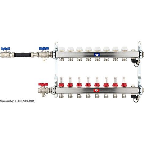 Fußbodenheizungsverteiler aus Edelstahl mit Topmeter für 8 Heizkreise - mit WMZ-Anschlussset 110 mm waagrecht (1/3)