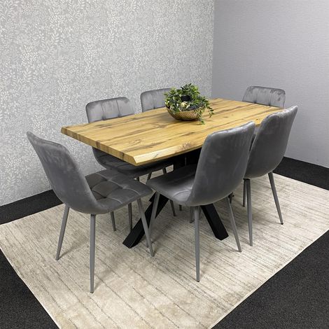 Wooden Dining Table with 6 Grey Velvet Chairs - Dining Kitchen Room Furniture (1/5)