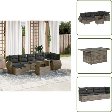 The Living Store Salon de jardin 8 pcs avec coussins gris résine tressée - Ensemble Salon De Jardin - Mobilier De Jardin - Salon D'extérieur - Table Extensible - Chaise Lounge