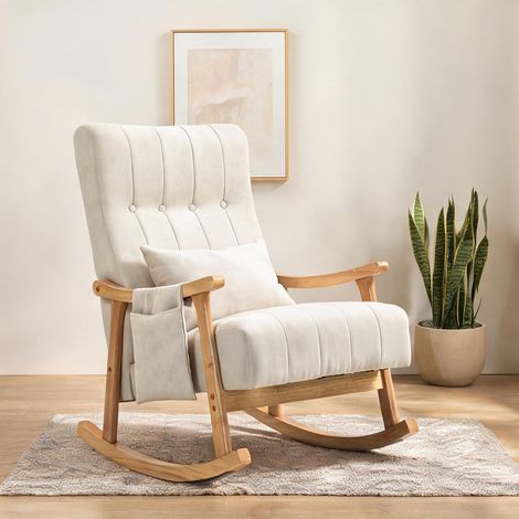 Fauteuil à bascule en bois de hêtre et tissu polyester beige 65 (1/5)