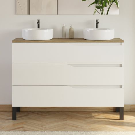 Meuble de salle de bain 120cm avec plateau miel et 2 vasques à poser Ares - 3 tiroirs - sans miroir - blanc - MATA (1/3)