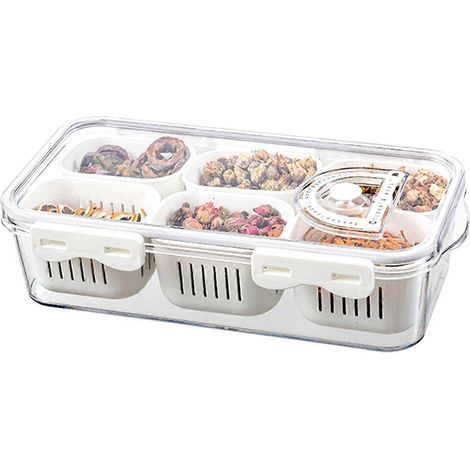 Plateau de service compartimenté avec couvercle, plateau à légumes à 6 compartiments, boîte à goûter carrée portable et empilable pour les voyages (1/4)