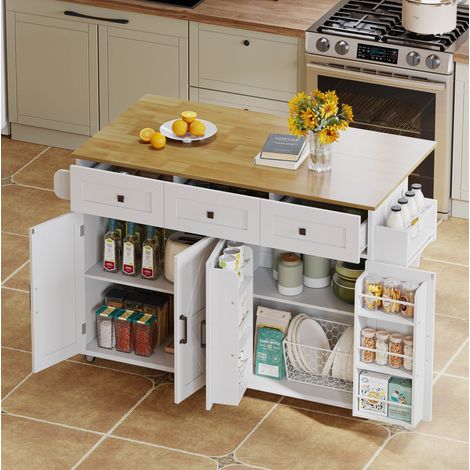 Isla de cocina plegable 140 x 43(70) x 90,5 cm, 4 puertas, 3 cajones, blanco DESVIAE (1/5)