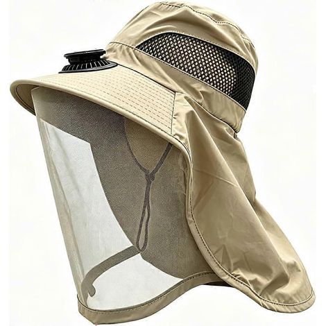 Chapeau solaire ventilé avec moustiquaire intégrée double alimentation solaire/USB protection cou large bord kaki