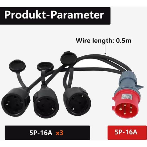 CEE Adaptateur 400 V vers 230V x3 répartiteur courant Câble d'extension de couplage avec couvercle à charnière et bouchon de sécurité, Adaptateur cee 16a pour caravanes industrie utilisation