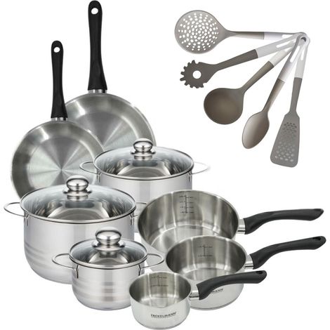 Lot 2 Poêles 20/24 cm, 3 Faitouts 16/20/24 cm & 3 Casseroles 12/16,/20 cm Fackelmann Geneva et 5 Ustensiles (1/5)