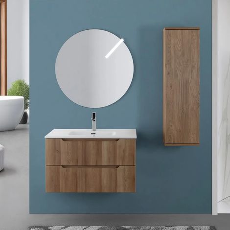 Mobile bagno sospeso 80 rovere cannettato doppi cassetto lavabo e specchio Wise (1/5)