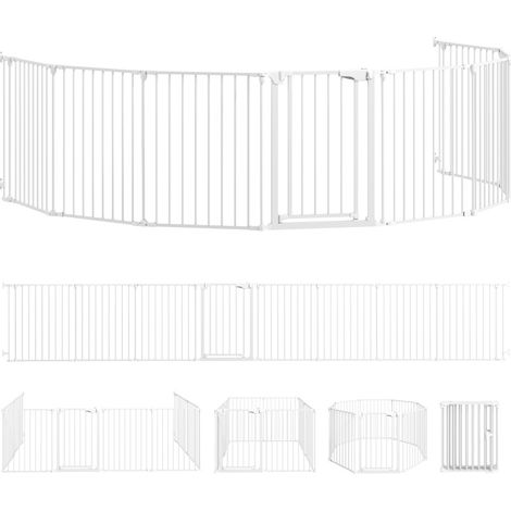 Barrière pour animaux de compagnie pliable à 8 panneaux avec porte, acier carbone et plastique, blanche, pour petits et moyens chiens (1/5)