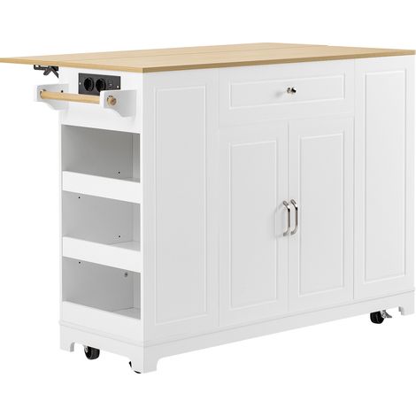 Isola cucina mobile estensibile con vani e cassetto, bianco e naturale, MODENUIT (1/5)