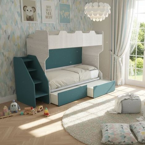 Letto a castello salvaspazio con terzo letto estraibile e scala laterale - Ideale per camerette - Rovere rock e verde petrolio