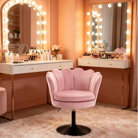Fauteuil de maquillage pivotant 61.5x65x71-83 cm rose en velours et métal réglable en hauteur (1/4)