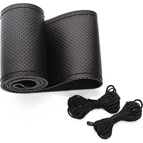 Funda universal de cuero para volante de coche, autocosida, antideslizante y transpirable, 15 pulgadas (negra) (1/5)