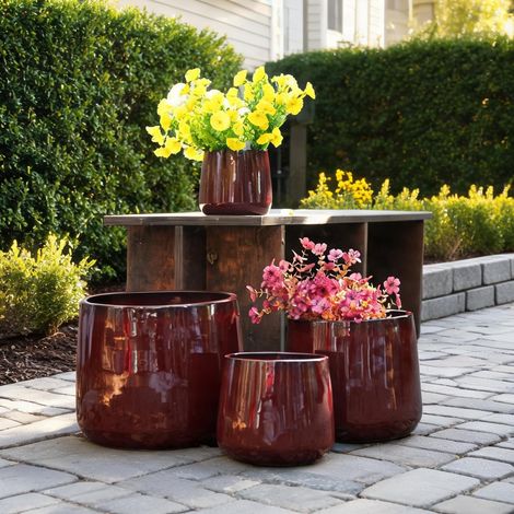 Lot de 4 jardinières en grès cérame rouge brillant diamètres 33 (1/5)