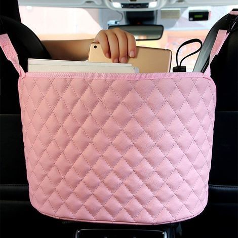 Filet de rangement pour sac à main de voiture en cuir synthétique durable, poche de siège de voiture, filet de rangement pour siège arrière de siège pour animaux domestiques (rose) (1/5)