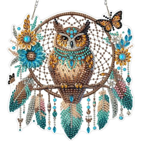 5D Eule Traumfänger Diamond Painting Anhänger mit Kette, Fensterbild Bastelset