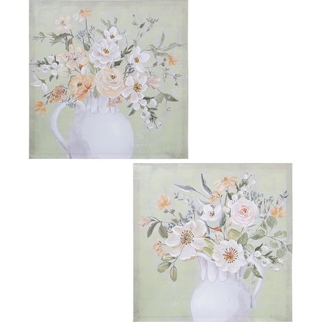 Lot de 2 tableaux sur toile avec un vase avec fleurs en bois teintes pastel 60 x 60 x 3 cm (1/5)
