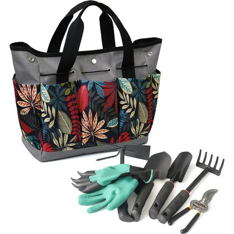 Borsa portautensili di grande capacità Borsa portautensili da giardinaggio Borsa portaoggetti per fiori e piante - Fiore grigio + set di 6 attrezzi (1/5)