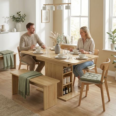 Table à manger extensible rectangle pour 4 à 6 personnes. table de cuisine 110-130 cm. 6 étagères ouvertes. bois naturel