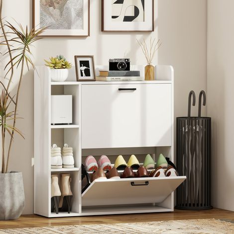 Blanc - Armoire à chaussures fine avec 2 portes rabattables, 3 compartiments et étagères réglables pour 15 paires, en bois, 83x24x90,5 cm