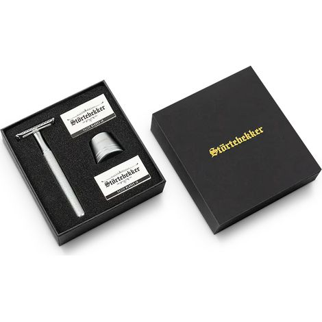 [GEBRAUCHT] B-Ware Störtebekker Rasierhobel Set Rasierer 10 Bartklingen Ständer Oslo Silber Gu314 (1/2)