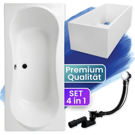 Badewanne Rechteck 180x80 mit Wannenträger, Ablaufgarnitur & Füßen GRATIS - Komplettset 4in1 Original Acryl Wanne Siphon - BADLAND LONG (1/5)