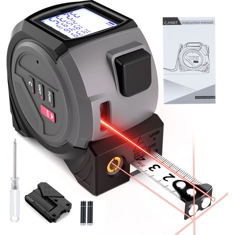 [JAMAIS UTILISÉ]Mètre laser 3 en 1 : niveau laser, ruban de 5 m avec formule de Pythagore, mesure de surface et de volume, conversion d'unités m/ft/in, gris, 5 m + 60 m (1/2)