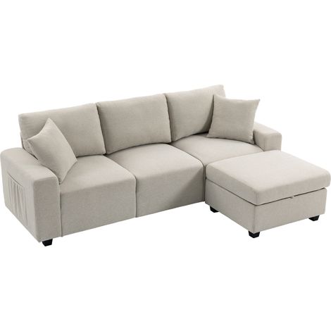 HOMCOM Divano Angolare 3 Posti Traspirante con Contenitore Poggiapiedi, Beige (1/5)