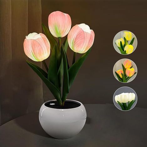 Lámpara Tulipán 2023, nuevo estilo, lámpara de mesa LED, luz nocturna con forma de tulipán artificial y jarrón, lámpara de mesa decorativa para el hogar, sala de estar u oficina (rosa) (1/5)