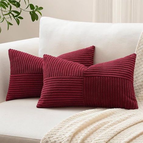 Lot de 2 Housse de Coussin 30x50 cm en Velours Côtelé,Housse Coussins Patchwork à Rayures Croisées 50 x 30 cm (Lot de 2) BORDEAUX (1/5)